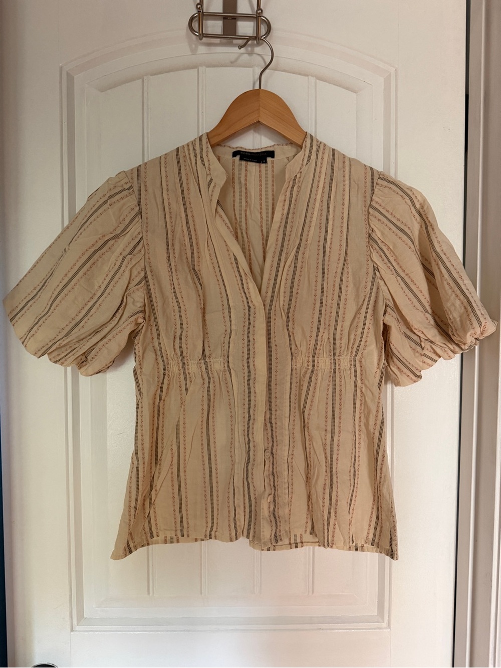BCBG Women’s Cream Striped Puff-Sleeve Blouse